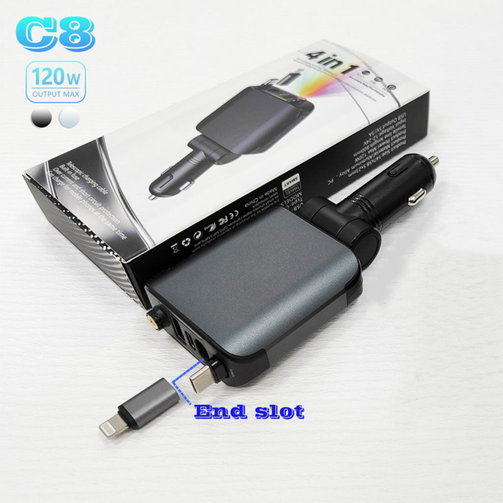 شاحن سيارة 4-في-1 بقدرة 120 واط — رأس دوّار، شحن سريع USB/Type-C مع منافذ متعددة