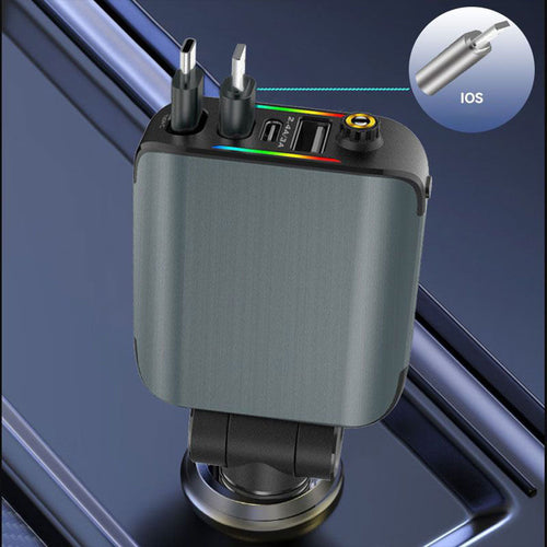 شاحن سيارة 4-في-1 بقدرة 120 واط — رأس دوّار، شحن سريع USB/Type-C مع منافذ متعددة