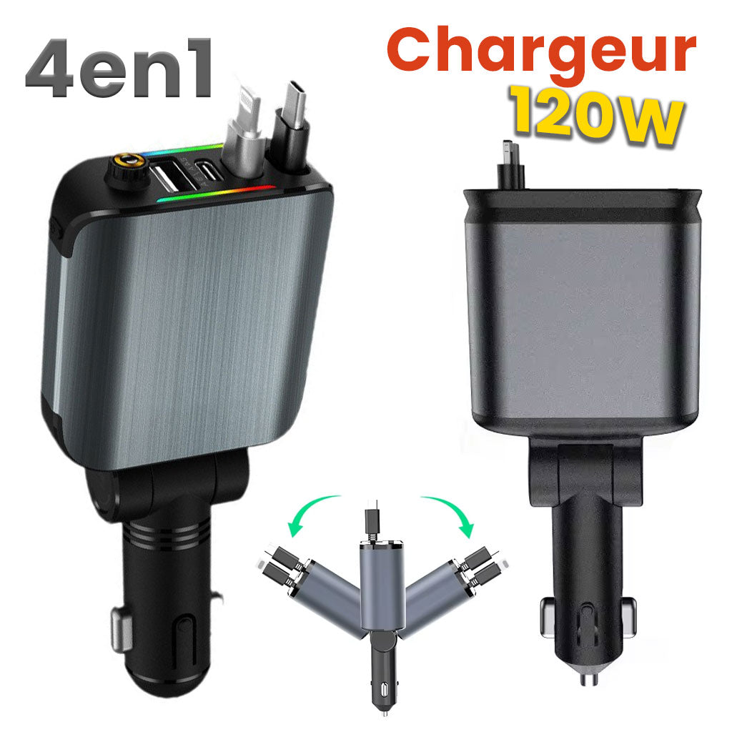 شاحن سيارة 4-في-1 بقدرة 120 واط — رأس دوّار، شحن سريع USB/Type-C مع منافذ متعددة